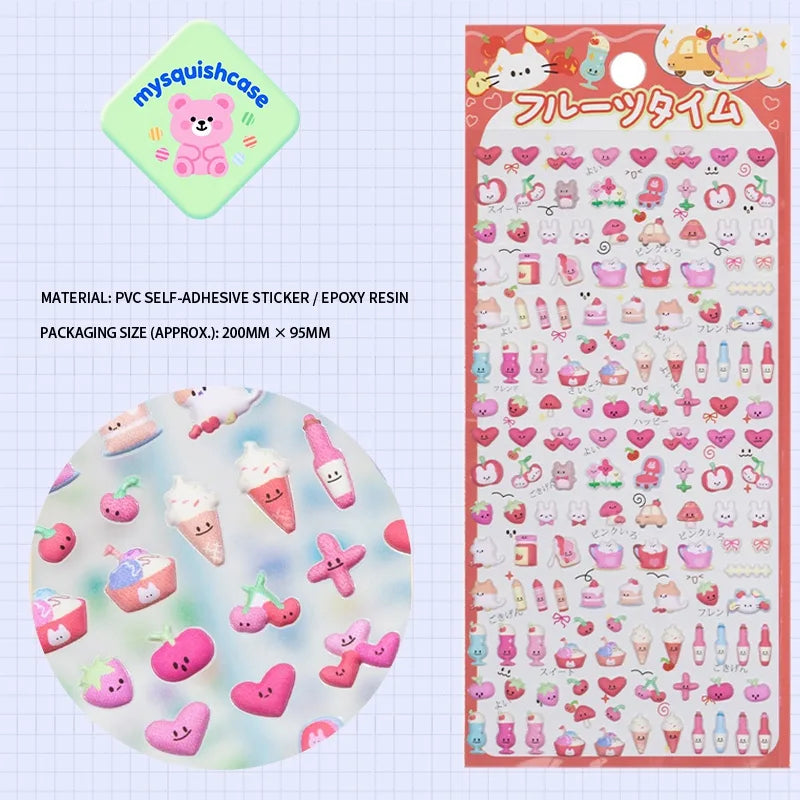 Product display of "Fruit Time" themed 3D puffy sticker sheet, including material (PVC self-adhesive/epoxy resin) and packaging size (200mm × 95mm), cute kawaii stickers