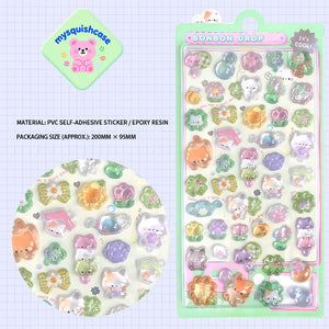 Product display of garden cat themed 3D crystal puffy sticker sheet, including material (PVC/epoxy resin) and packaging size (200mm×95mm), cute kawaii cat and flower stickers for planner and DIY craft decoration
