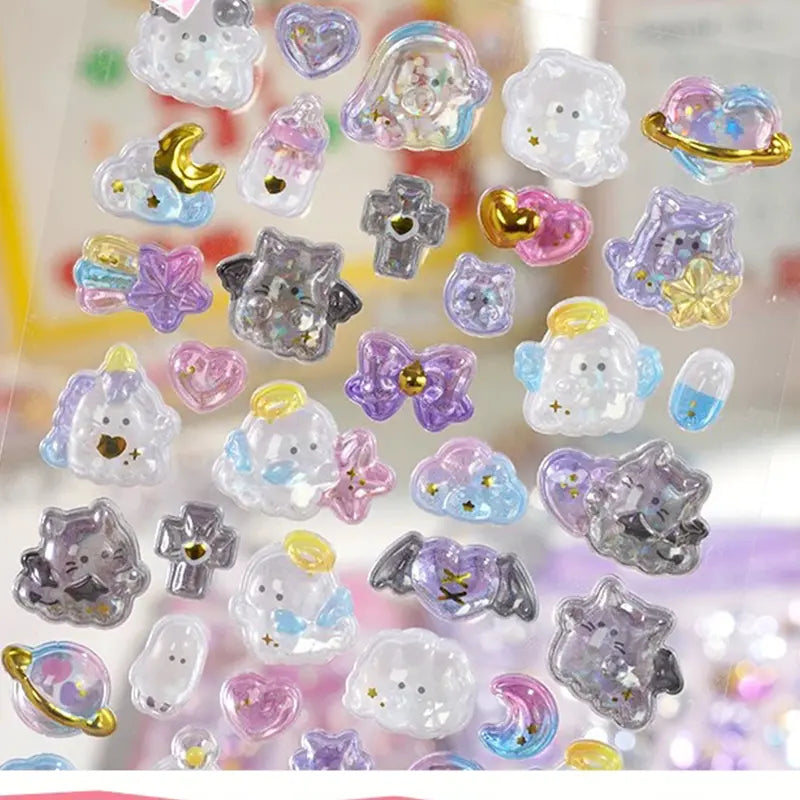 Close-up of 3D crystal clear stickers with adorable ghost, angel, and celestial designs, featuring glitter and gold foil effects, self-adhesive PVC epoxy stickers