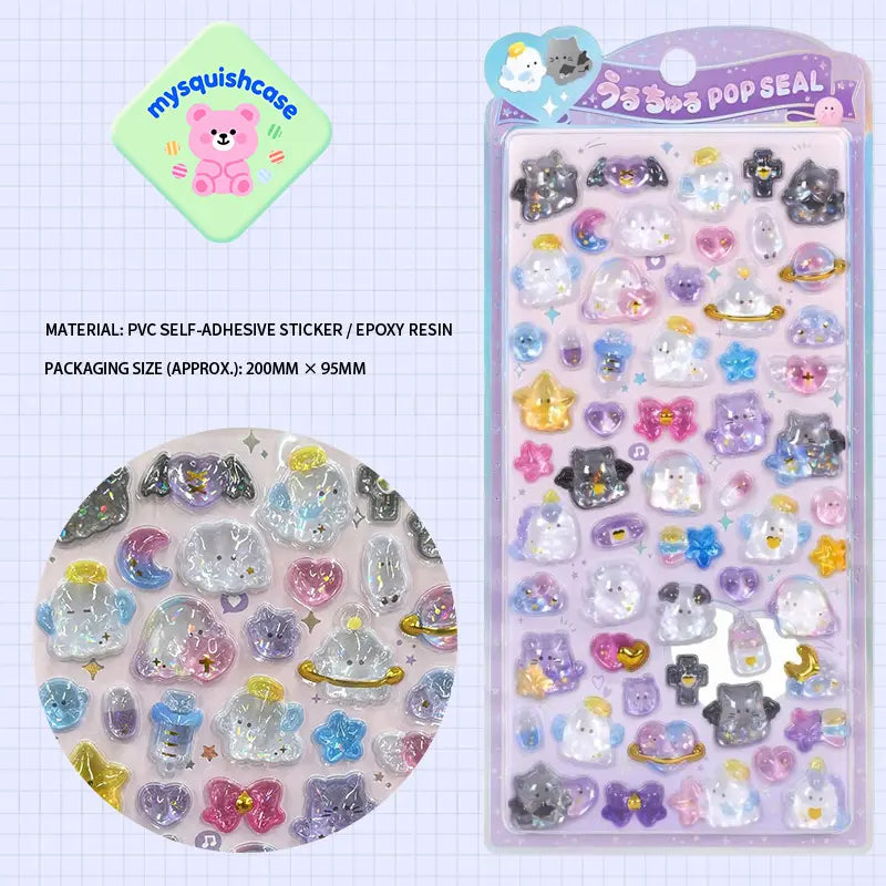 Product display of ghost and angel themed 3D crystal puffy sticker sheet, including material (PVC/epoxy resin) and packaging size (200mm×95mm), cute kawaii stickers for planner and DIY craft decoration
