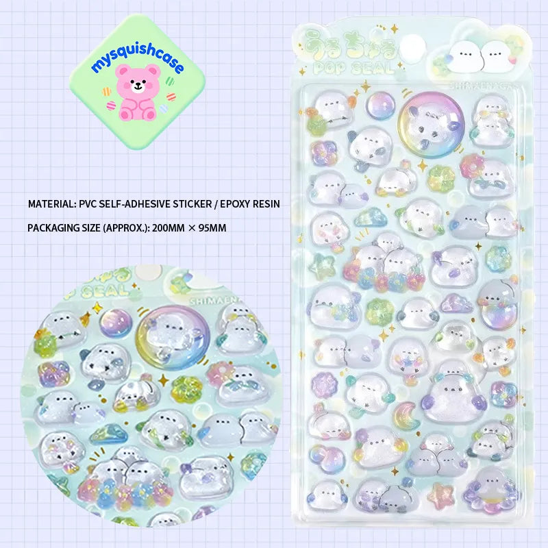 Product display of ghost themed 3D crystal puffy sticker sheet, including material (PVC/epoxy resin) and packaging size (200mm×95mm), cute kawaii stickers for planner decoration
