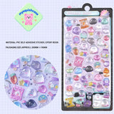 Product information and size comparison display of "BONBON DROP" 3D crystal puffy sticker sheet (20cm×9.5cm) with iPhone X, including material and model details