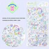 Product display of ghost pet themed 3D crystal puffy sticker sheet, including material (PVC/epoxy resin) and packaging size (200mm×95mm), cute kawaii ghost stickers for planner and DIY craft decoration
