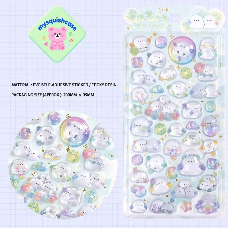 Product display of ghost pet themed 3D crystal puffy sticker sheet, including material (PVC/epoxy resin) and packaging size (200mm×95mm), cute kawaii ghost stickers for planner and DIY craft decoration
