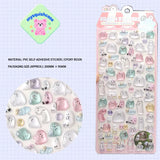 Product display of ghost pet themed 3D crystal puffy sticker sheet, including material (PVC/epoxy resin) and packaging size (200mm×95mm), cute kawaii ghost stickers for planner and DIY craft decoration
