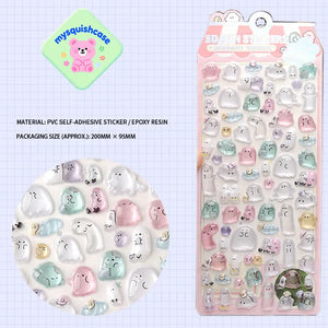 Product display of ghost pet themed 3D crystal puffy sticker sheet, including material (PVC/epoxy resin) and packaging size (200mm×95mm), cute kawaii ghost stickers for planner and DIY craft decoration
