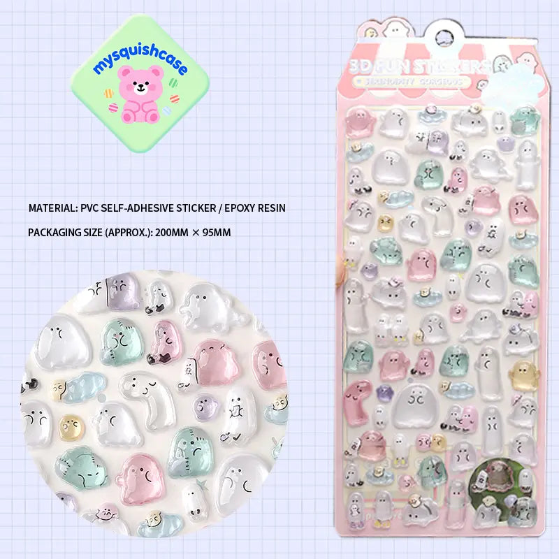 Product display of ghost pet themed 3D crystal puffy sticker sheet, including material (PVC/epoxy resin) and packaging size (200mm×95mm), cute kawaii ghost stickers for planner and DIY craft decoration
