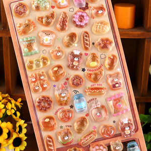 Cute kawaii sticker sheet with glossy bread and bear character designs, perfect for DIY phone case and craft decoration.
