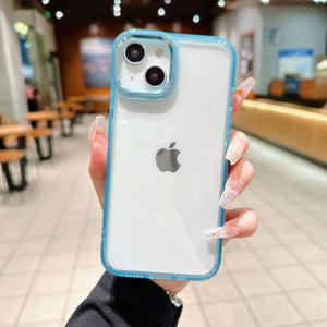 Clear DIY phone case for iPhone with gradient blue protective frame and transparent back panel, featuring raised camera protection, ready for sticker decoration.