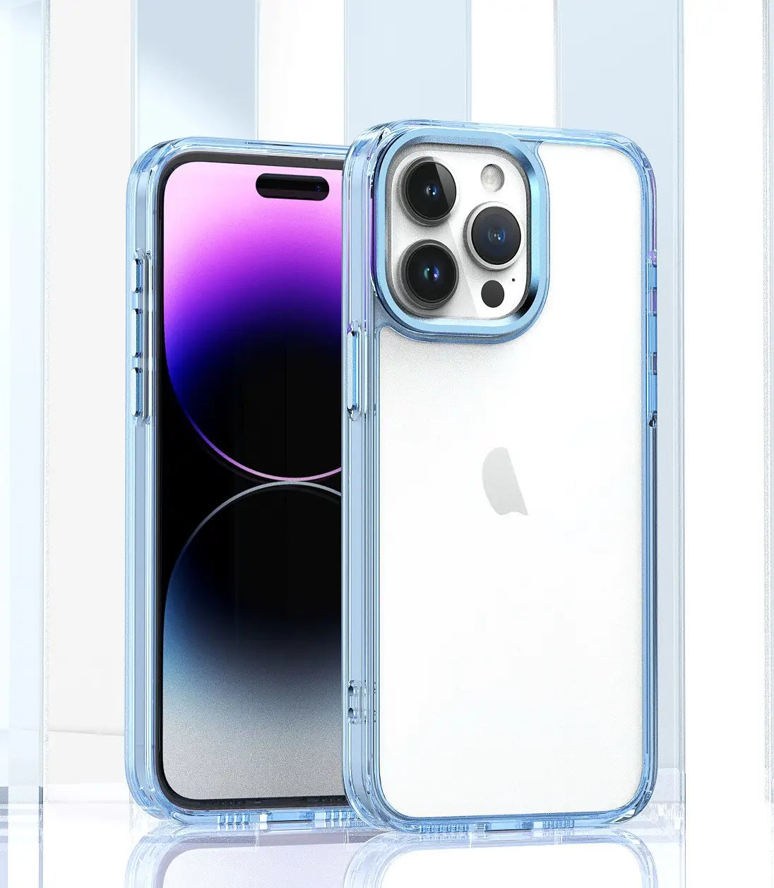 Clear DIY phone case for iPhone with gradient blue protective frame and transparent back panel, featuring reinforced corners and raised camera protection, ready for sticker decoration.