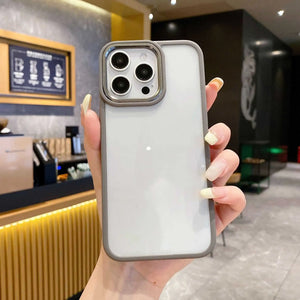 Clear DIY phone case for iPhone with gray protective frame and metallic camera ring, featuring raised camera protection, ready for sticker decoration.