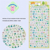 Product display of green nature animal themed 3D puffy sticker sheet, including material (PVC/epoxy resin) and packaging size (200mm×95mm), cute kawaii stickers for planner decoration
