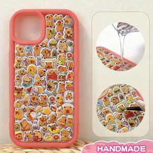 Finished display of handmade DIY phone case with full bear sticker print, red frame, and cute cartoon bear patterns