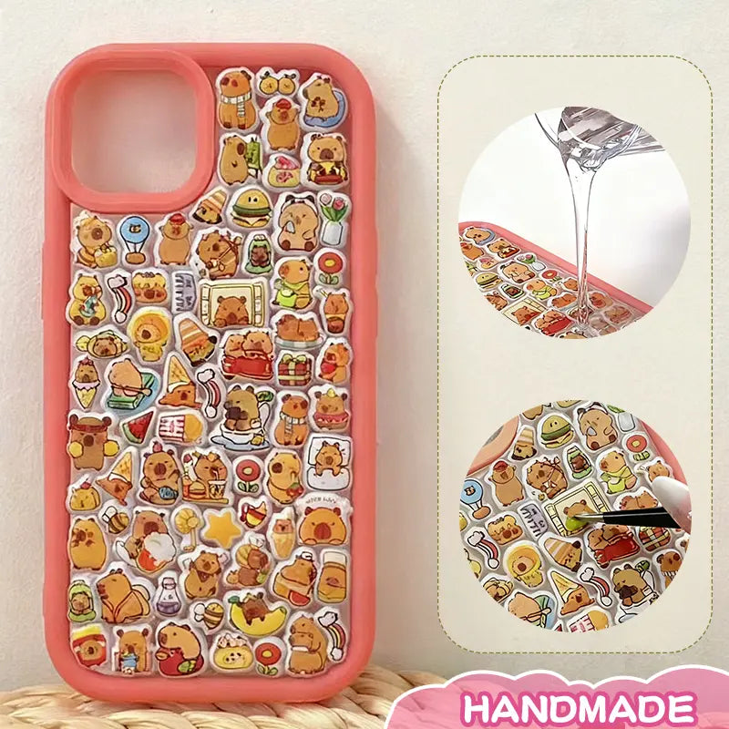 Finished display of handmade DIY phone case with full bear sticker print, red frame, and cute cartoon bear patterns