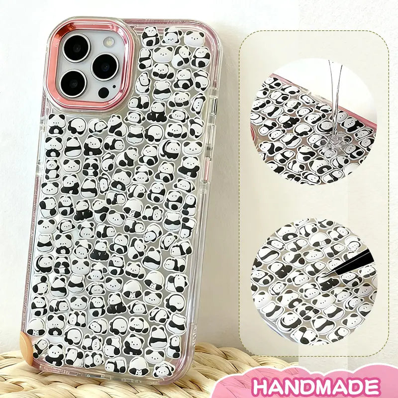 Finished display of handmade DIY phone case with full panda print, pink frame, and cute mini panda patterns