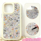 Finished display of handmade DIY phone case with full small animal print, creamy white frame, and cute mini character patterns