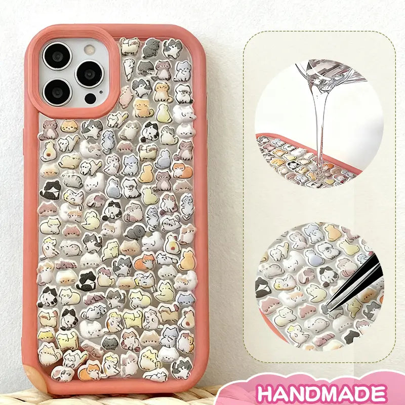 Finished display of handmade DIY phone case with full small animal print, red frame, and cute mini character patterns
