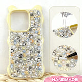 Finished display of handmade DIY phone case with full small animal print, yellow bear ear frame, and cute mini character patterns