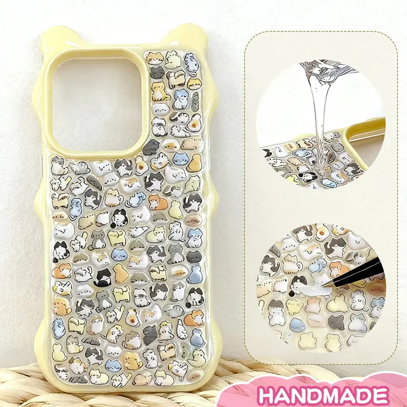 Finished display of handmade DIY phone case with full small animal print, yellow bear ear frame, and cute mini character patterns