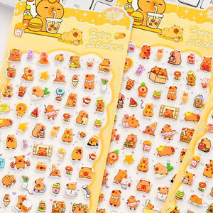 Happy Stickers" cute kawaii sticker sheet with tiny orange capybara and food designs, perfect for DIY phone case decoration.