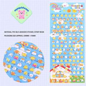 Product display of "Humming Bird" chick themed 3D puffy sticker sheet, including material (PVC/epoxy resin) and packaging size (200mm×95mm), cute kawaii stickers for planner decoration
