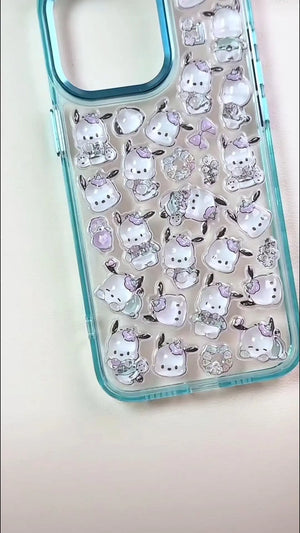 Handcrafted icy clear blue 3D phone case with a dense collage of cute squishy Pochacco dogs, colorful tulips, and peach charms.