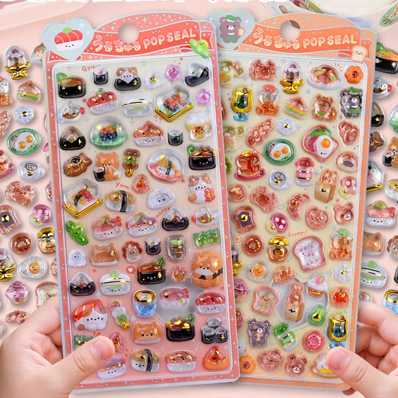 Handheld display of 3D crystal puffy sticker sheets with cute Japanese snack and bakery designs, featuring iridescent and glitter effects
