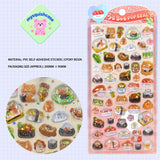 Product display of Japanese snack themed 3D crystal puffy sticker sheet, including material (PVC/epoxy resin) and packaging size (200mm×95mm), cute kawaii stickers for planner decoration
