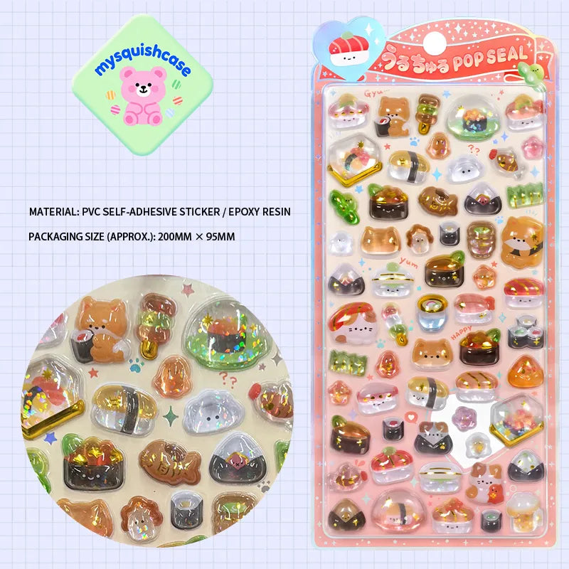 Product display of Japanese snack themed 3D crystal puffy sticker sheet, including material (PVC/epoxy resin) and packaging size (200mm×95mm), cute kawaii stickers for planner decoration
