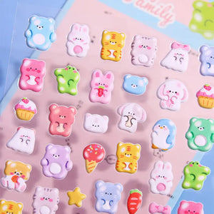 Close-up of 3D puffy "Jelly Family" stickers, showcasing cute animals and sweet dessert motifs, self-adhesive PVC epoxy stickers
