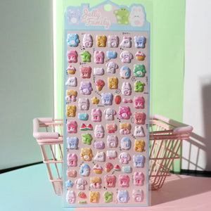Full sheet display of 3D puffy "Jelly Family" stickers with adorable pastel-colored animal designs (bear, rabbit, frog, etc.), self-adhesive epoxy PVC stickers
