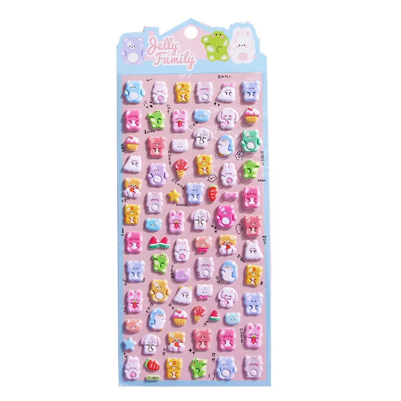 elly Family" cute kawaii sticker sheet with glossy jelly-style colorful animal character designs, perfect for DIY phone case decoration.