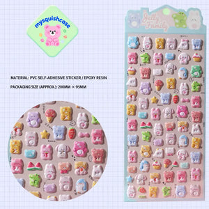Product display of "Jelly Family" themed 3D puffy sticker sheet, including material (PVC/epoxy resin) and packaging size (200mm×95mm), cute kawaii stickers for planner decoration

