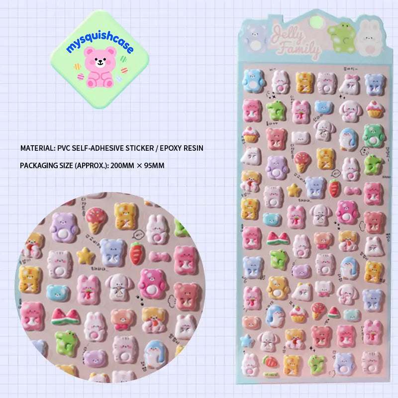 Product display of "Jelly Family" themed 3D puffy sticker sheet, including material (PVC/epoxy resin) and packaging size (200mm×95mm), cute kawaii stickers for planner decoration
