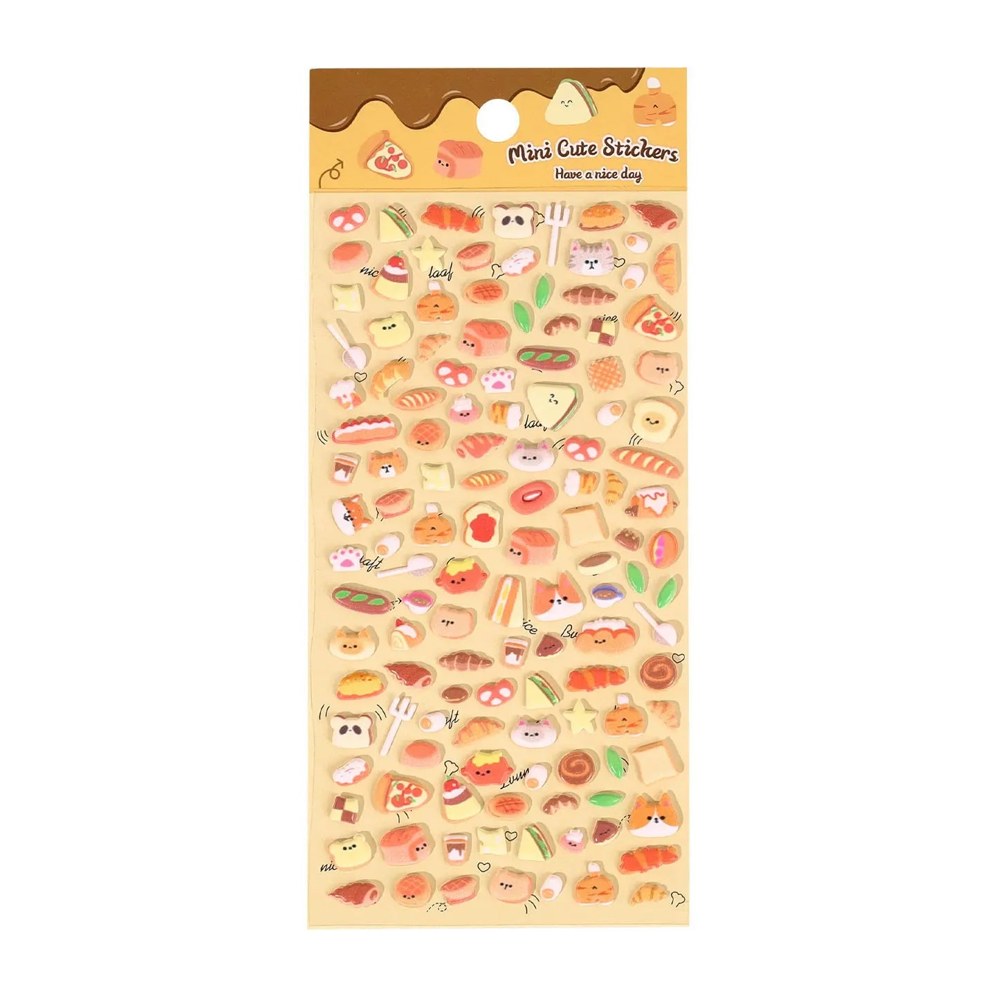 A sheet of "Mini Cute Stickers" featuring 3D resin bread, toast, croissants, and baker animals in warm tones.