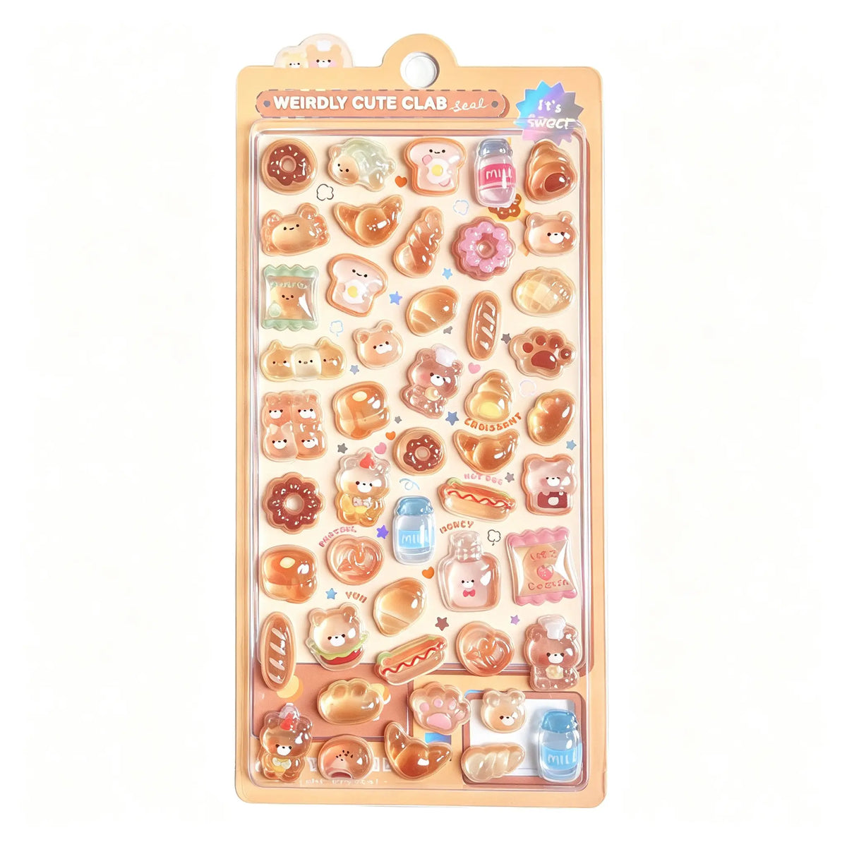 An orange retail sheet of Weirdly Cute Clab 3D glossy drop-seal stickers featuring cute cartoon pastry bears, croissants, hot dogs, and milk bottles for DIY crafting.