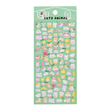 A green retail sheet of Kawaii Cute Animal Bonbon Drop Seal 3D glossy stickers featuring adorable cartoon cats, pastries, cat paws, and pink hearts for DIY crafting.