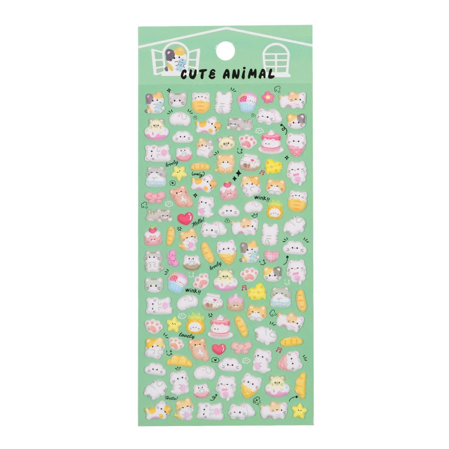 A green retail sheet of Kawaii Cute Animal Bonbon Drop Seal 3D glossy stickers featuring adorable cartoon cats, pastries, cat paws, and pink hearts for DIY crafting.