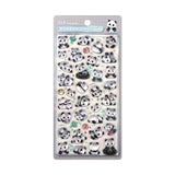 A silver retail pack of premium Giant Panda Bonbon Drop Seal 3D puffy stickers featuring cute cartoon pandas sleeping, eating bamboo, and rolling in celestial themes.