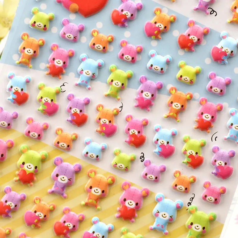 Self-adhesive PVC bear sticker sheet product display, including material info (PVC/epoxy resin) and packaging size, cute colorful bear stickers for DIY phone case and stationery
