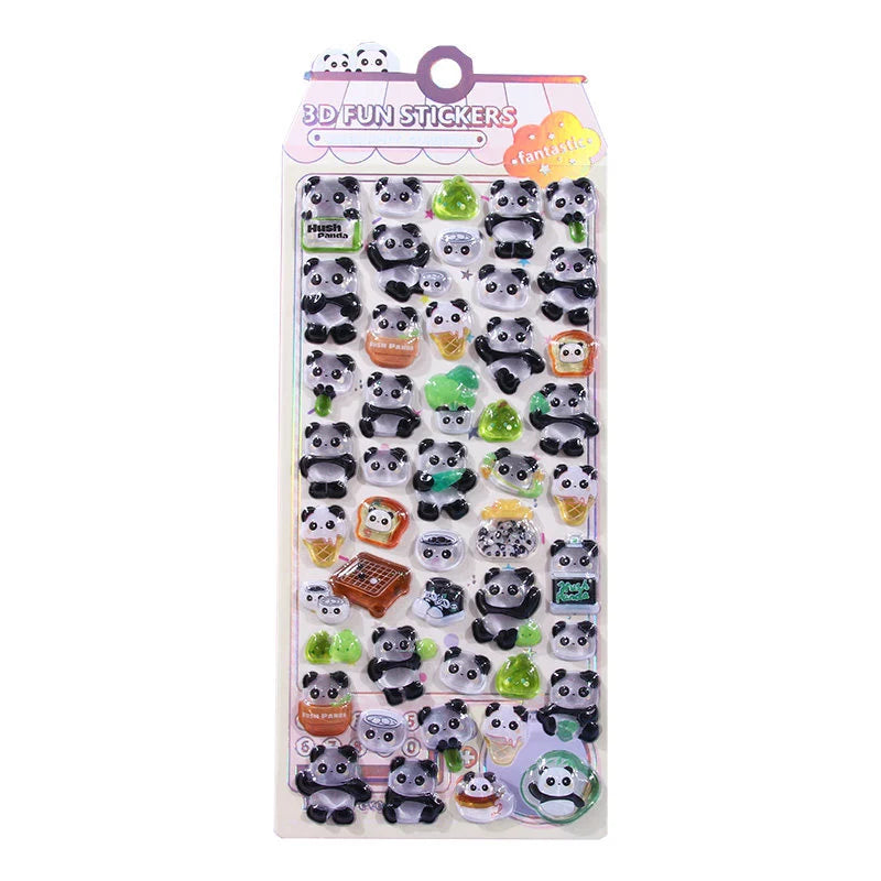 A retail sheet of 3D Fun Stickers featuring adorable Hush Panda drop-seal puffy cartoon pandas, green bamboo leaves, and miniature tea cups for DIY crafting.