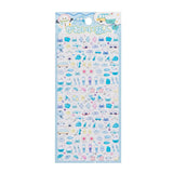 A retail sheet of Japanese kawaii style 3D puffy stickers featuring a winter travel theme with Mt. Fuji, baby snowmen, and travel buses for DIY crafting.