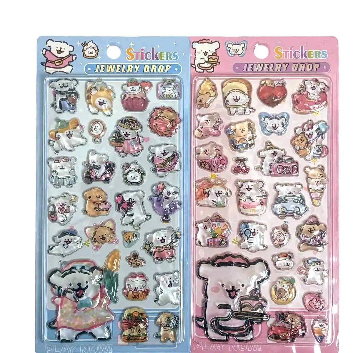 Two retail packages of Maltese puppy Jewelry Drop 3D glossy stickers in pink and blue themes, featuring cute white cartoon dogs, sweets, and cars for DIY crafting.