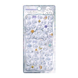 A silver retail sheet of Mellow Enaga bird Pop Seal 3D puffy stickers featuring cute white cartoon round birds, golden stars, and purple ribbons for DIY phone case crafting.