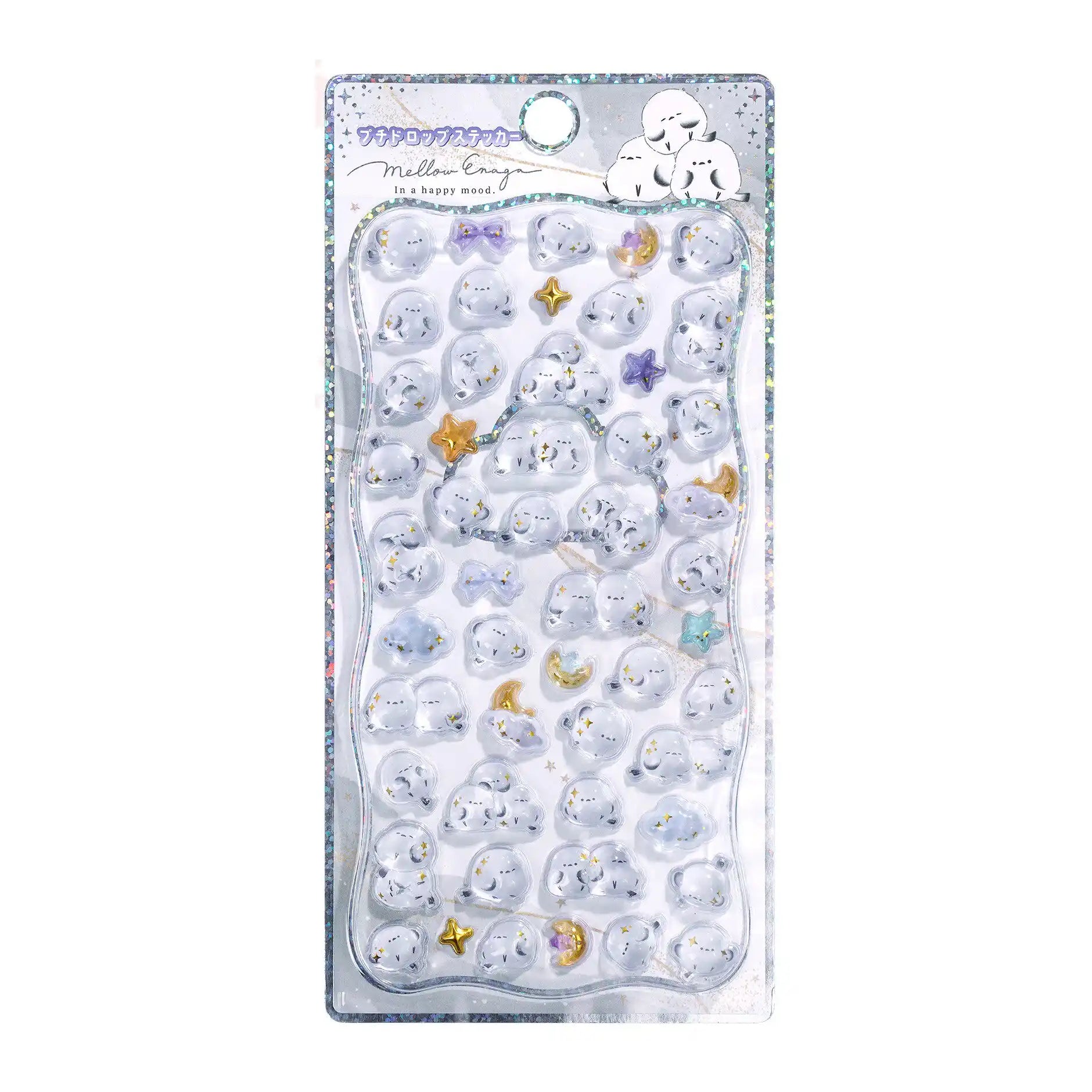 A silver retail sheet of Mellow Enaga bird Pop Seal 3D puffy stickers featuring cute white cartoon round birds, golden stars, and purple ribbons for DIY phone case crafting.