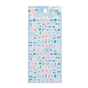 A sheet of Japanese kawaii mini puffy 3D stickers with a light blue travel theme, featuring Mount Fuji, clouds, snowmen, and ice cream.
