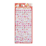 A sheet of Japanese kawaii mini puffy 3D stickers with a red and pink fruit picnic theme, featuring strawberries, apples, dessert cups, and hearts.