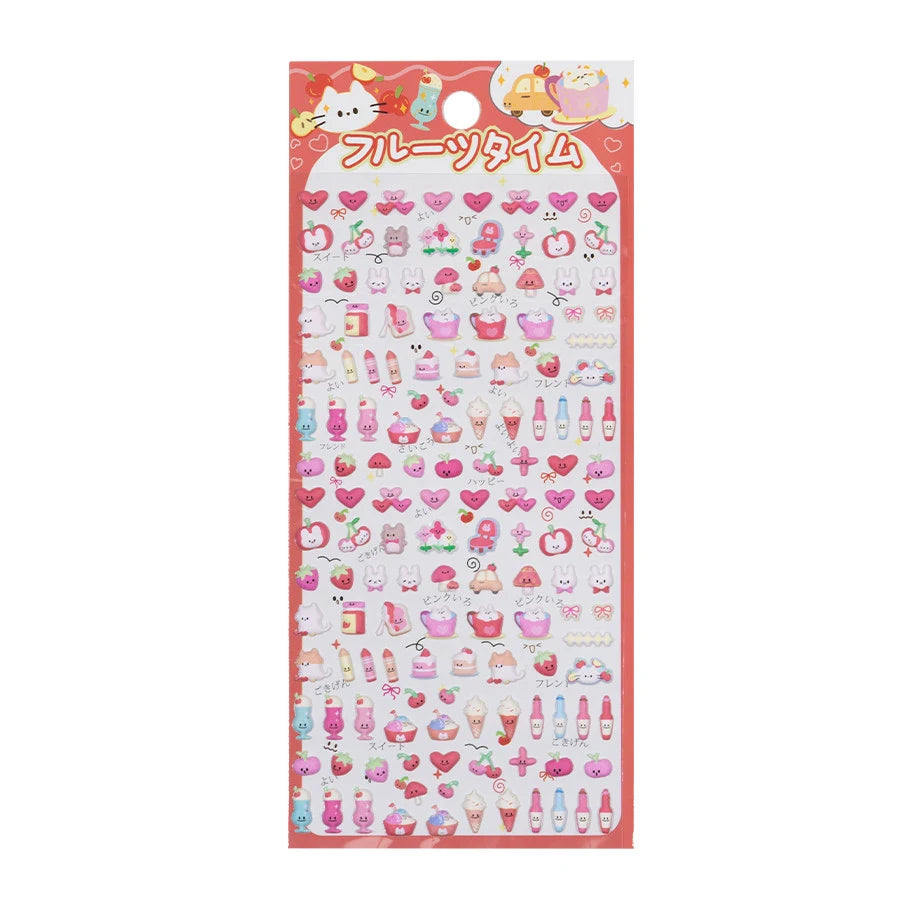 A sheet of Japanese kawaii mini puffy 3D stickers with a red and pink fruit picnic theme, featuring strawberries, apples, dessert cups, and hearts.