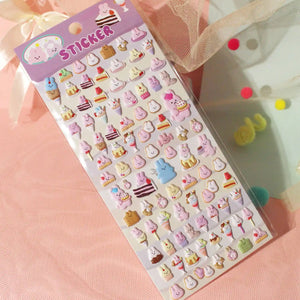 3D puffy sticker sheet with cute pink rabbit and sweet dessert designs, self-adhesive epoxy PVC stickers for phone case and planner decoration

