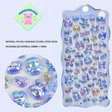 Product display of light blue "BONBON DROP" themed 3D crystal puffy sticker sheet, including material (PVC/epoxy resin) and packaging size (200mm×95mm), cute kawaii iridescent pet stickers for planner and DIY craft decoration